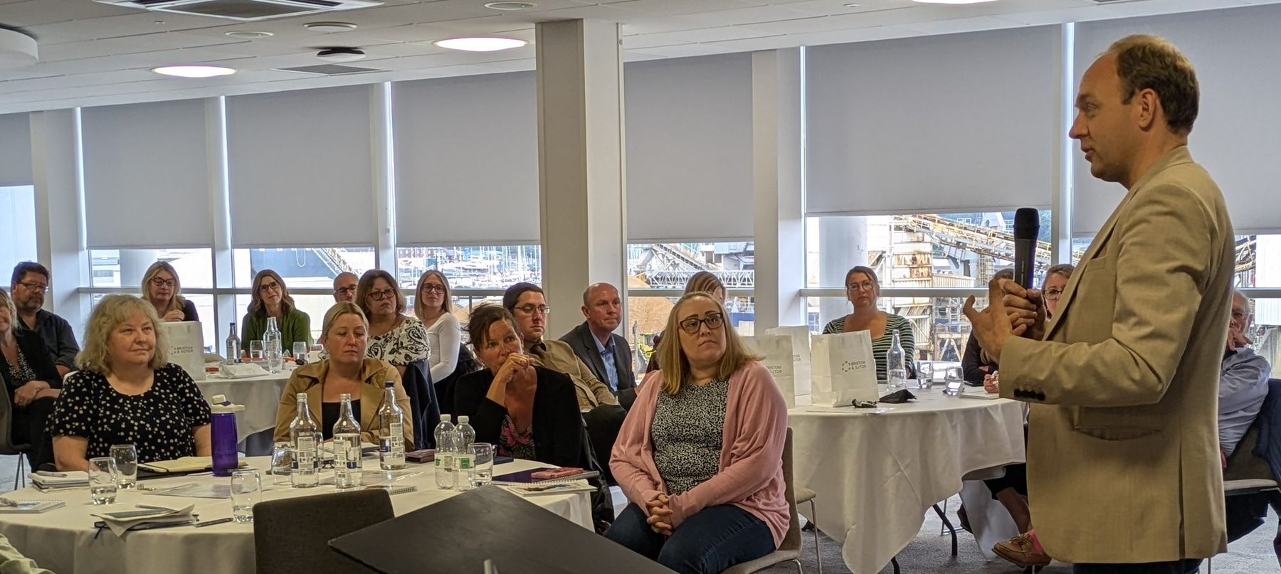 Daniel Fitzhenry speaking on leadership to an engaged audience, St Mary's Stadium, Southampton, 5 July 2024