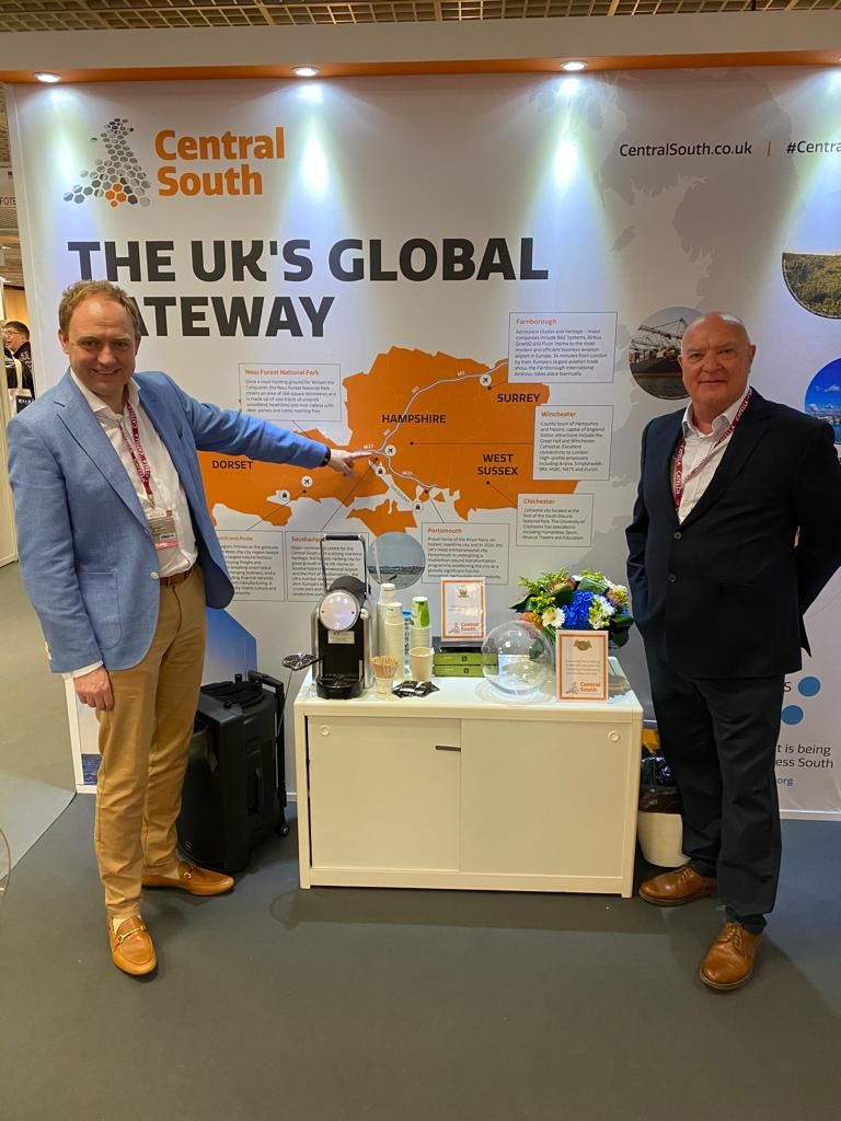 Daniel Fitzhenry at the Central South stand at MIPIM, Cannes, pointing to Southampton on the regional map, March 2022