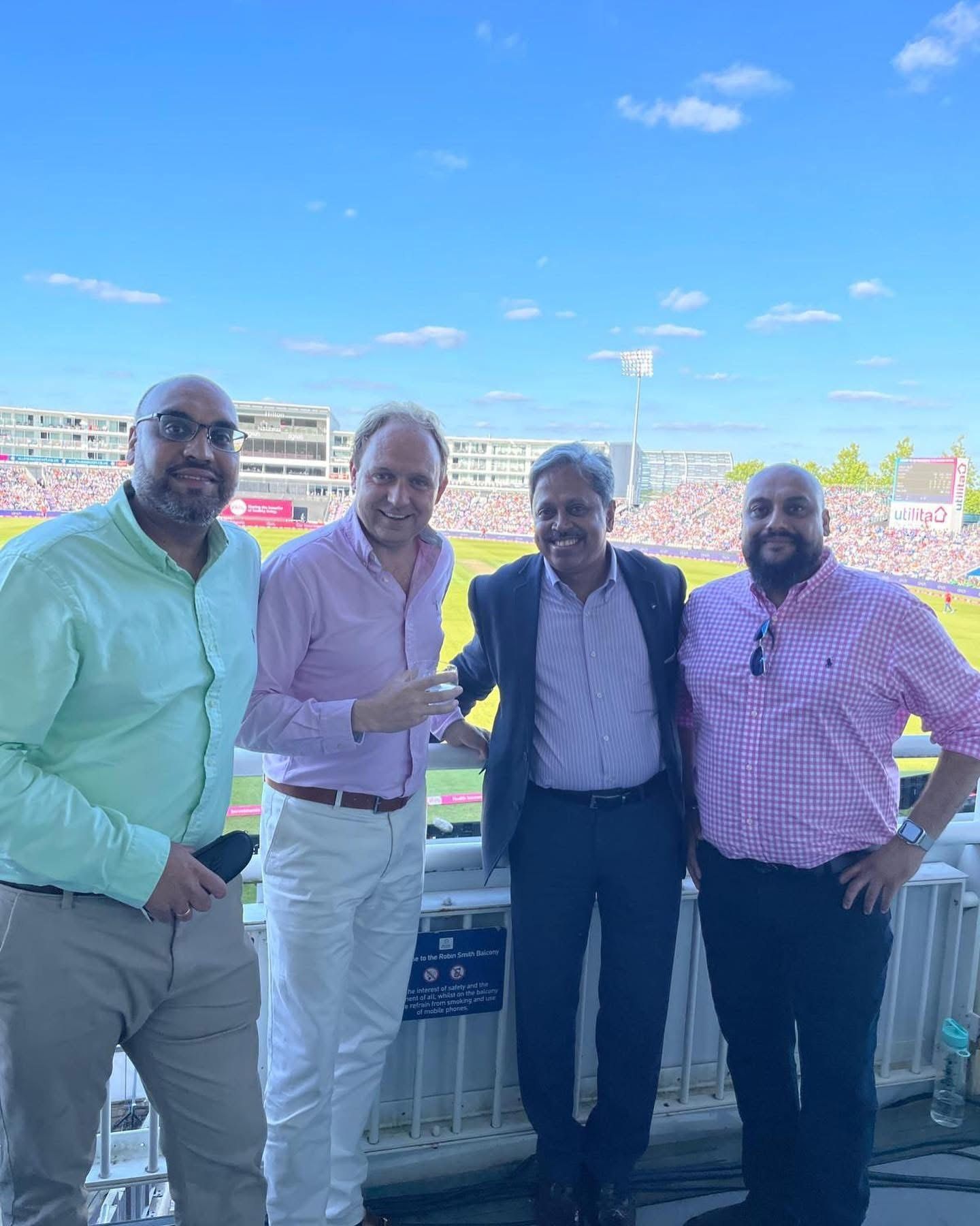 Daniel Fitzhenry with Amarjit Singh, CEO of India Business Group, and colleagues on a balcony overlooking England v India at the Utilita Bowl, 7 July 2022