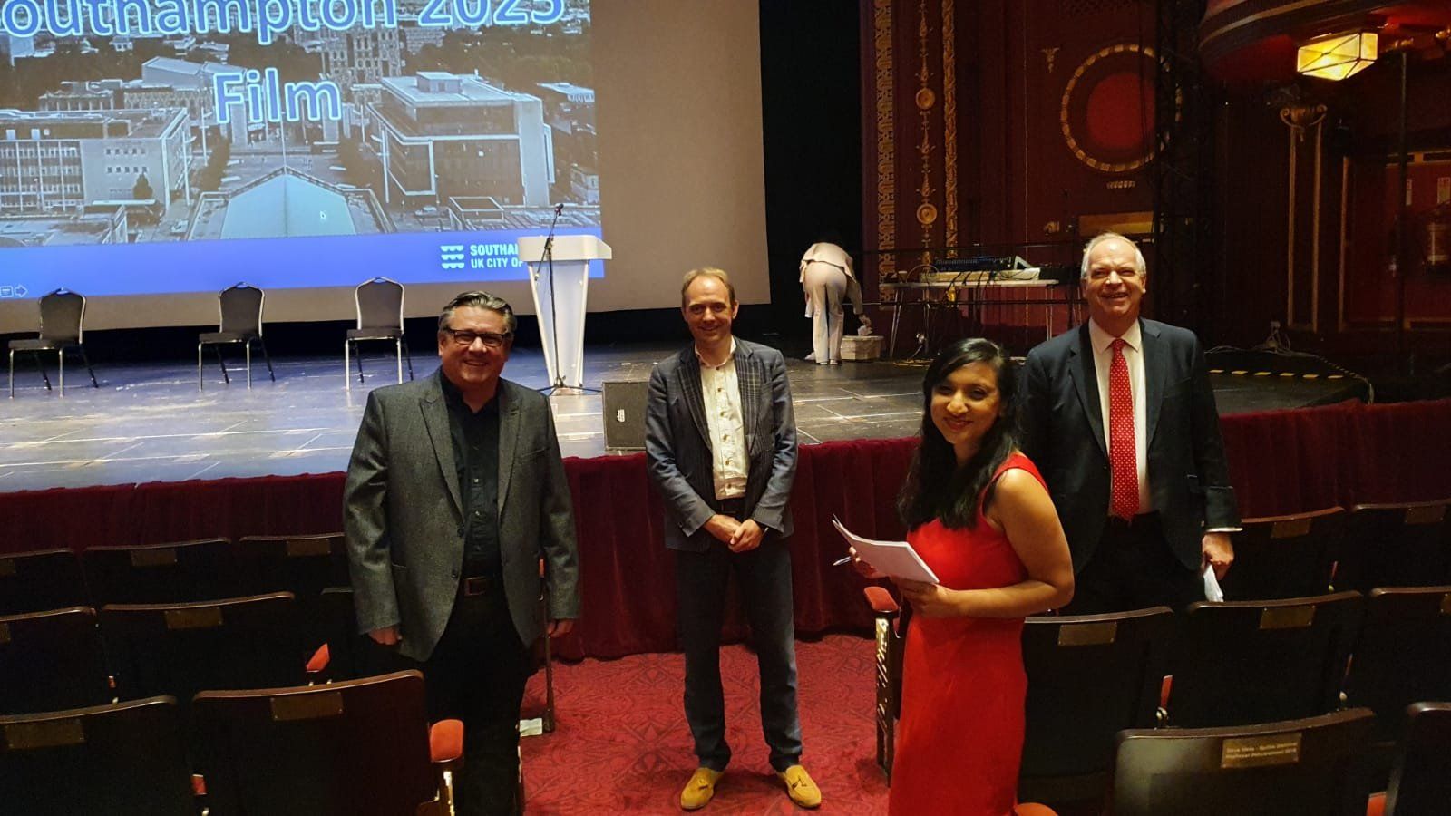 Daniel Fitzhenry with the SO:25 bid team in the theatre ahead of the Southampton 2025 film screening