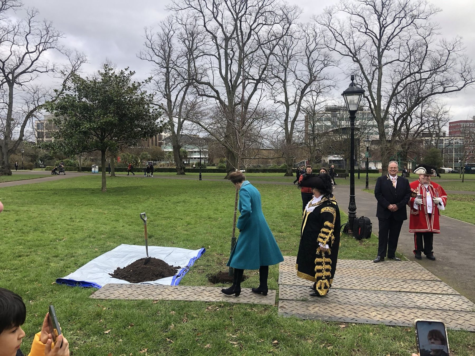 HRH The Princess Royal planting a tree in a Southampton park to mark the city's Lord Mayor status, February 2023