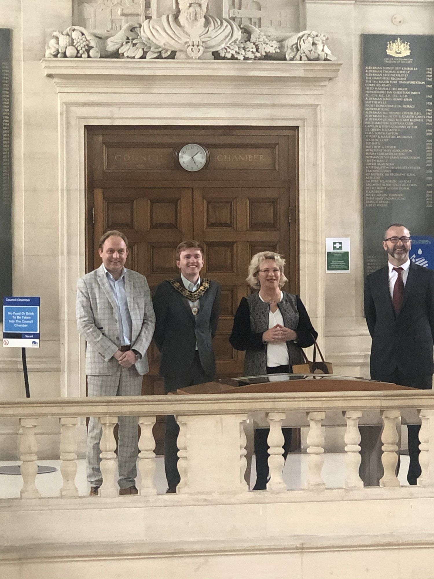 Daniel Fitzhenry with the Mexican Ambassador and the Mayor outside the Council Chamber doors, Southampton Civic Centre