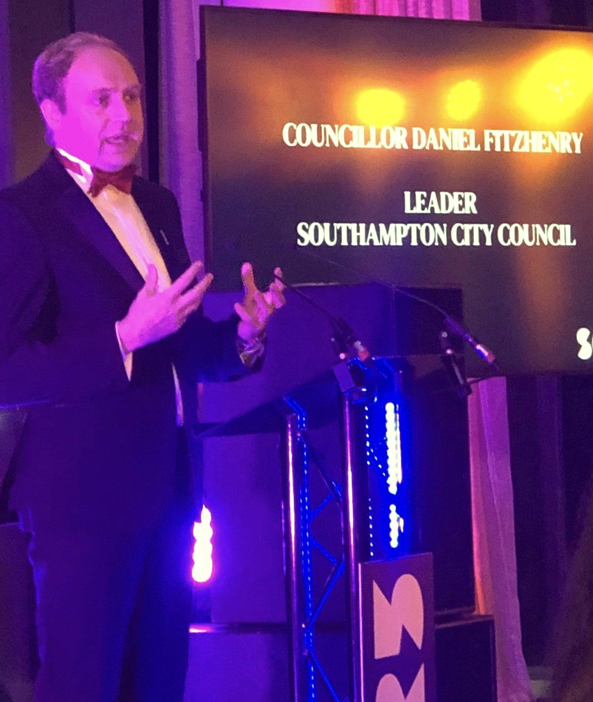 Daniel Fitzhenry, Leader of Southampton City Council, speaking at the podium in support of Southampton's UK City of Culture 2025 bid